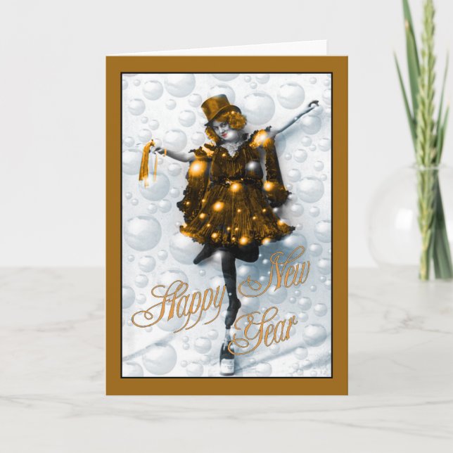 New Year Wishes Vintage Party Girl in Gold Holiday Card (Front)