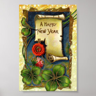 New Year With Four Leaf Clover Poster