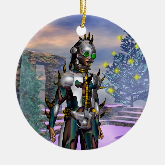 NEW YEAR'EVE OF A CYBORG Blue Sapphire Ceramic Tree Decoration (Front)