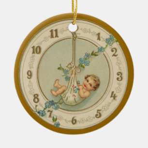 New Years Baby Vintage Clock Ceramic Tree Decoration