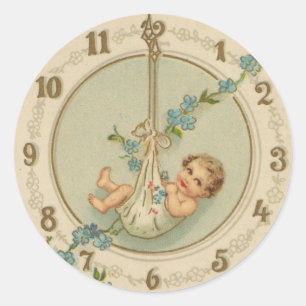 New Years Baby Vintage Clock Classic Round Sticker