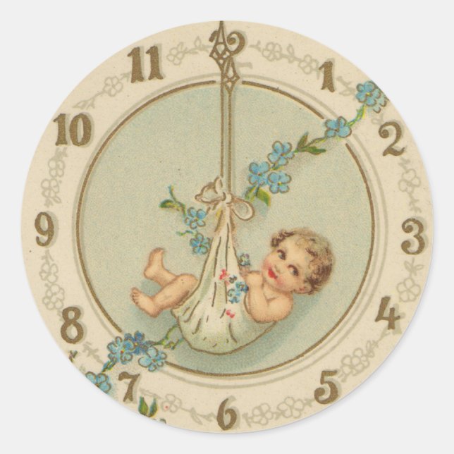 New Years Baby Vintage Clock Classic Round Sticker (Front)