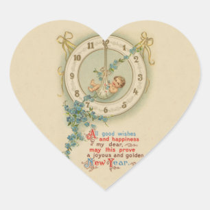 New Years Baby Vintage Clock Heart Sticker