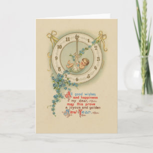 New Years Baby Vintage Clock Holiday Card