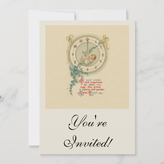 New Years Baby Vintage Clock Invitation (Front)