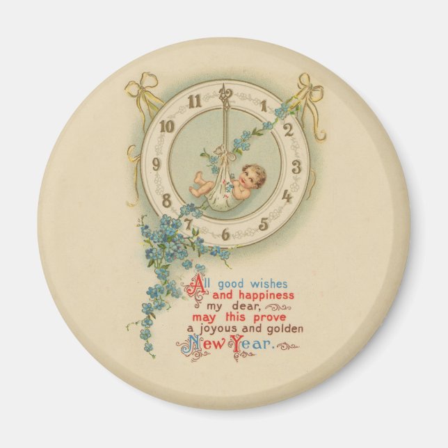 New Years Baby Vintage Clock Magnet (Front)