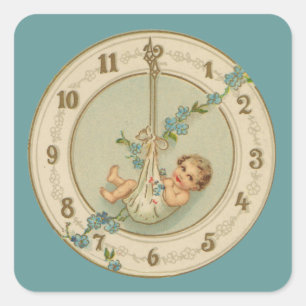 New Years Baby Vintage Clock Square Sticker