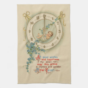 New Years Baby Vintage Clock Tea Towel