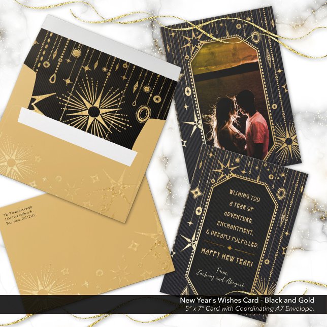 New Year's Black Gold Stars Holiday A7/5"x7" Envelope (New Year's Black Gold Stars Holiday A7/5"x7" Envelope with Matching Card.)