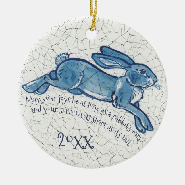New Years Blue White Rabbit Bunny Delft Dedham Ceramic Tree Decoration (Front)