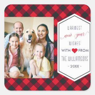 New Years Buffalo Plaid Holiday Greeting Photo Square Sticker