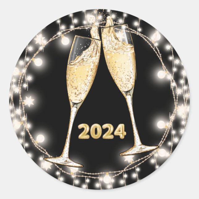 New Years Champagne Glasses Glowing String Lights Classic Round Sticker (Front)
