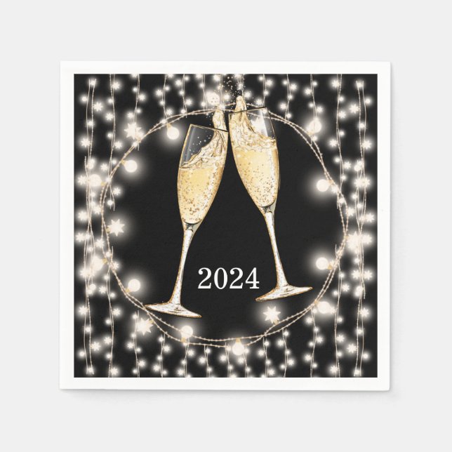 New Years Champagne Glasses Glowing String Lights Napkin (Front)