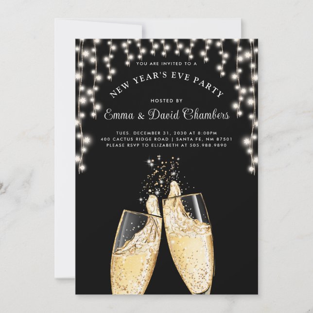 New Year's Champagne String Lights On Black  Invitation (Front)