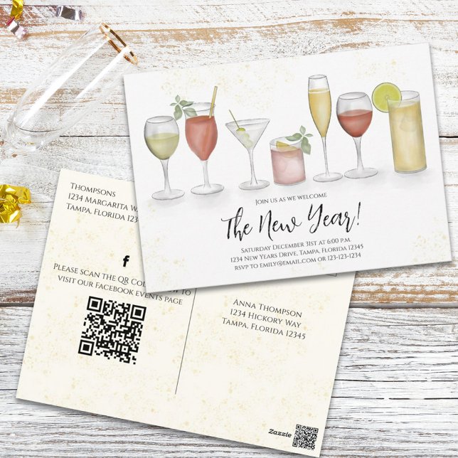 New Year's Cocktail Drinks QR Code Pre Addressed Postcard (Creator Uploaded)