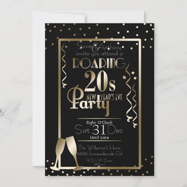 New Year's Eve 2020 Roaring 20s Retro Theme Gold Invitation (Front)