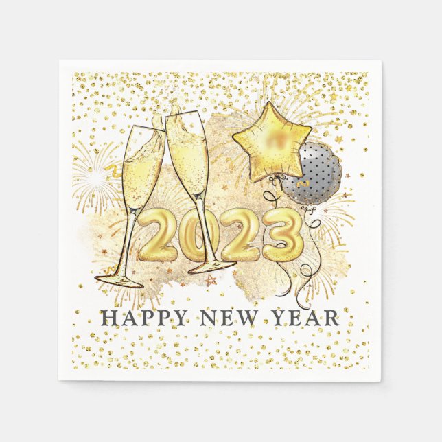 New Year's Eve 2023 Champagne Balloons Glitter  Napkin (Front)
