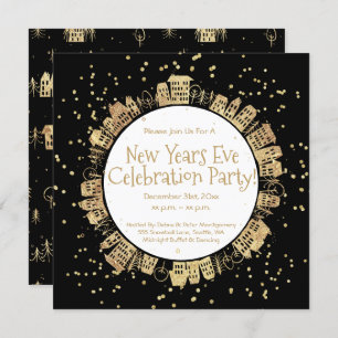 New Year's Eve, Black, White, Gold, Party Invitation
