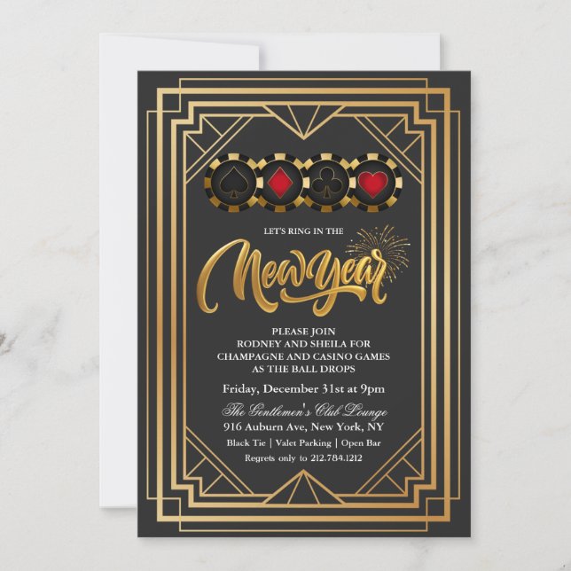 New Year's Eve Casino Vegas Black and Gold Invitation (Front)
