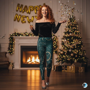 New Year's Eve Celebration Dark Teal & Gold Clock Leggings
