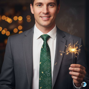 New Year's Eve Celebration Green Gold Fireworks Tie
