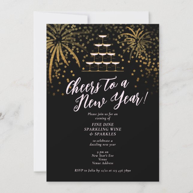 New Years Eve Champagne Tower Dinner Cocktail Bash Invitation (Front)