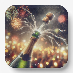 New Year's Eve Champagne With Popping Cork Paper Plate