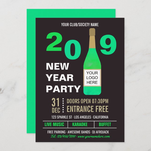 New Years Eve Club/Society Bash add Logo invite (Front/Back)