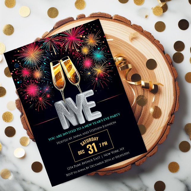 New Year's Eve Colourful Fireworks Champagne Invitation (Invite your family and friends to celebrate NYE with this colorful fireworks and champagne invite.)