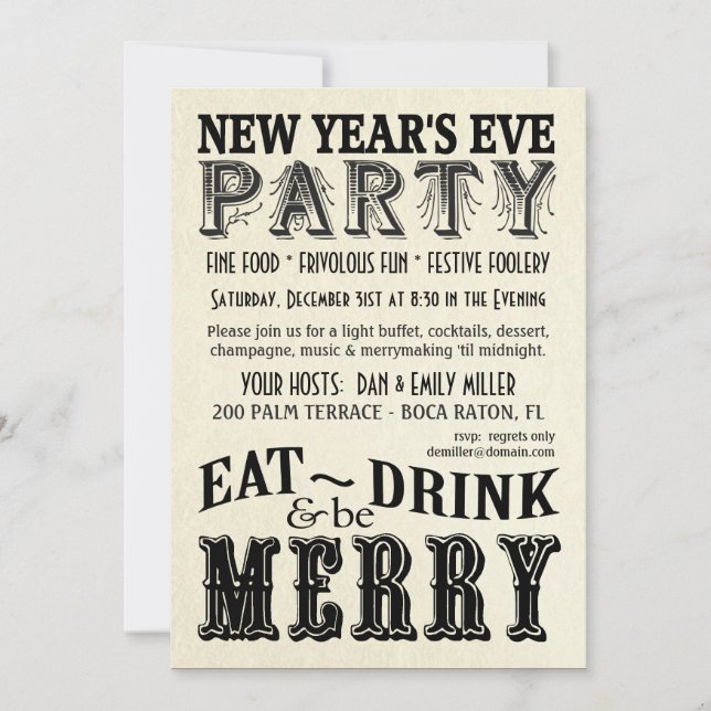 New Years Eve - Eat Drink Be Merry Invitations (Front)