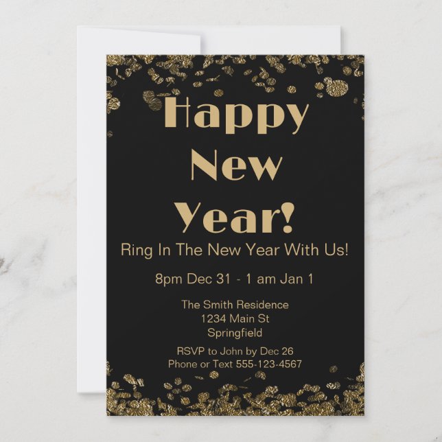 New Year's Eve Elegant Gold Glitter and Black Invitation (Front)