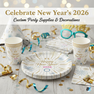 New Year's Eve Gold & Blue Fireworks Celebration Paper Plate