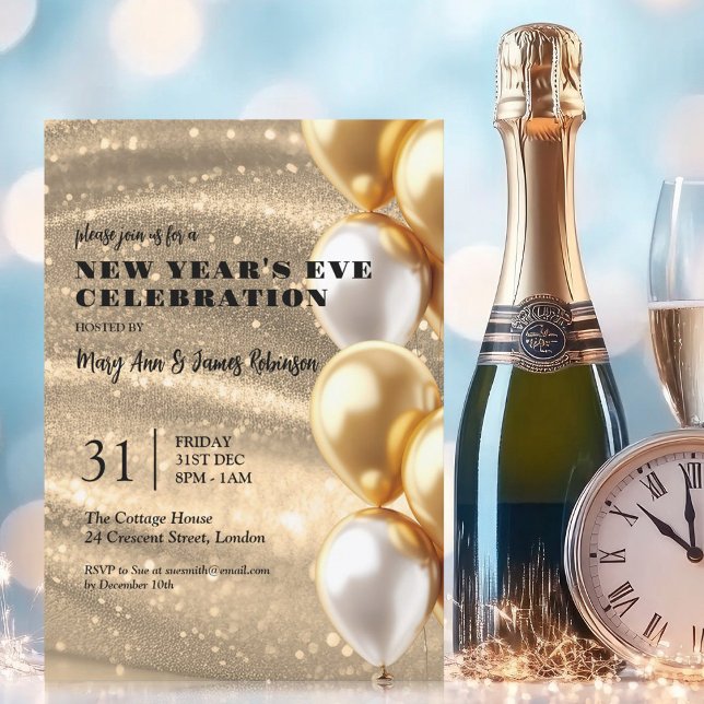New Years Eve Gold Shimmering Sequins Balloons Invitation (New Years Eve Gold Shimmering Sequins Balloons Invitation)