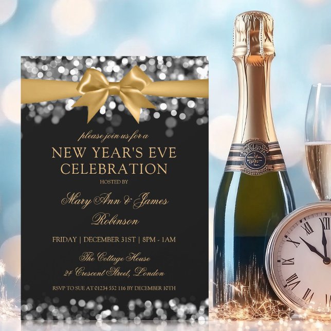 New Years Eve Gold Silver Shimmer Lights Bow Invitation (New Years Eve Gold Silver Shimmer Lights Bow Invitation)