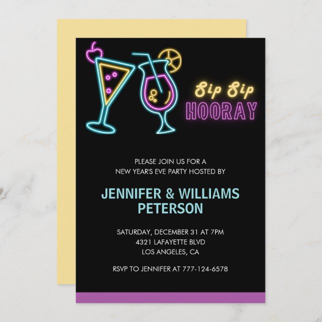 New year's eve invitation Cocktail Neon Glow (Front/Back)