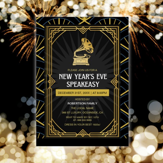 New Year's Eve Party 1920s Art Deco Invitation (NYE party celebration art deco gramophone invitation)