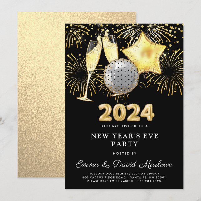 New Year's Eve Party 2024 Gold Glitter On Black  Invitation (Front/Back)