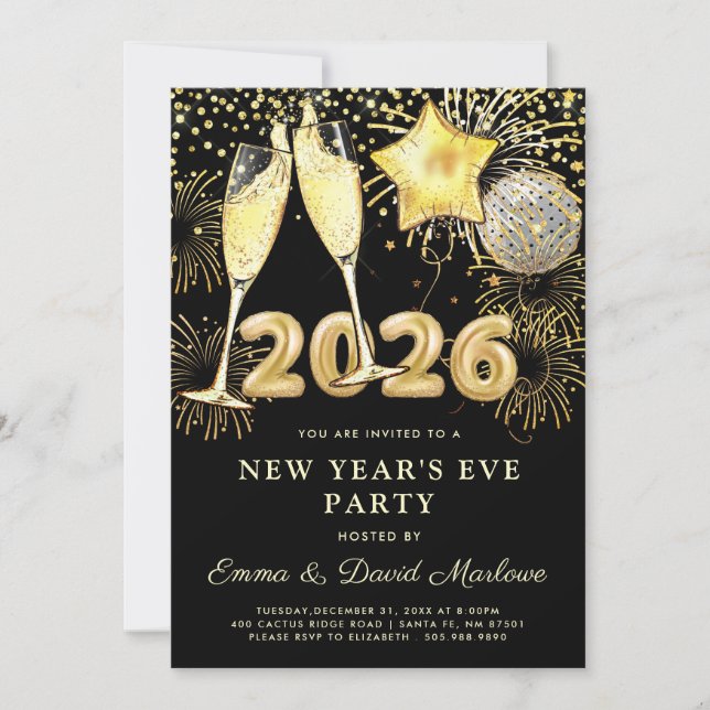 New Year's Eve Party 2026 Gold Black Modern Invitation (Front)