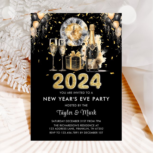 New Year's Eve Party Balck Gold Glitter Champagne Invitation (Creator Uploaded)