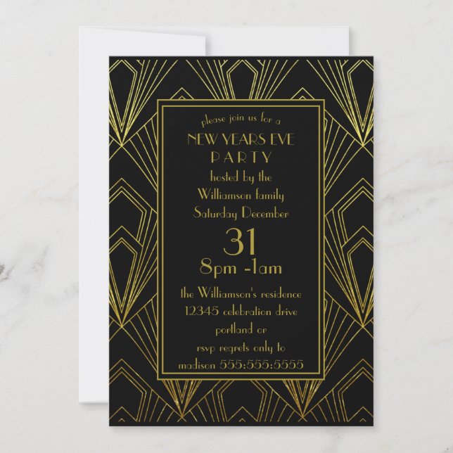 New Years Eve Party Black  and  Gold Art Deco Invitation (Front)