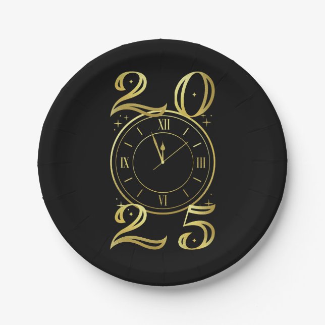 New Years Eve Party Black and Gold Paper Plate (Front)