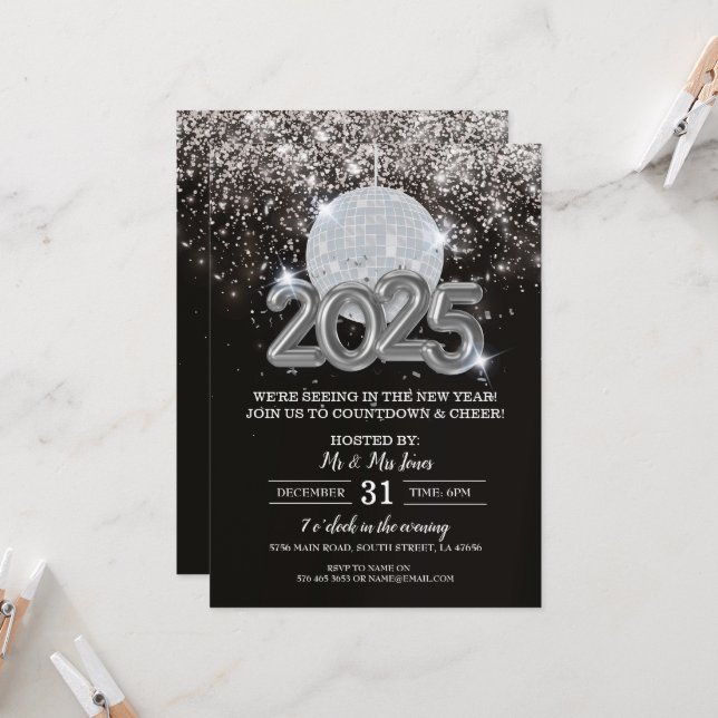 New Year's Eve Party Black and Silver Invitation (Front/Back In Situ)
