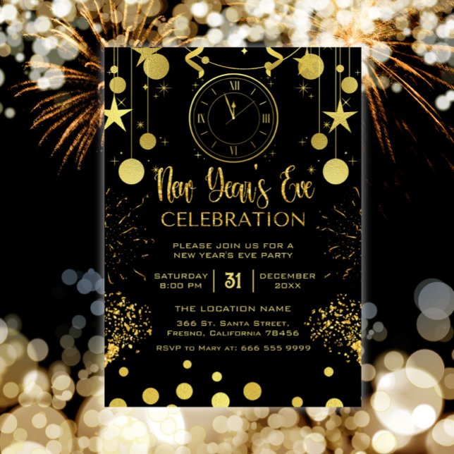 New Year's Eve Party Black & Gold Glitter Invitation (new years eve party invitation)