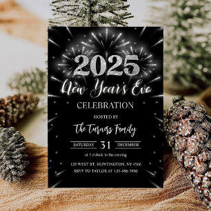 New Year's Eve Party Black & Silver Glitter Invitation