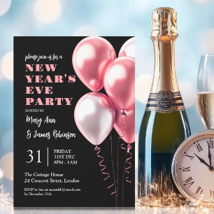 New Years Eve Party Blush Pink Balloons Black Invitation