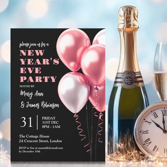 New Years Eve Party Blush Pink Balloons Black Invitation (New Years Eve Party Blush Pink Balloons Black Invitation)