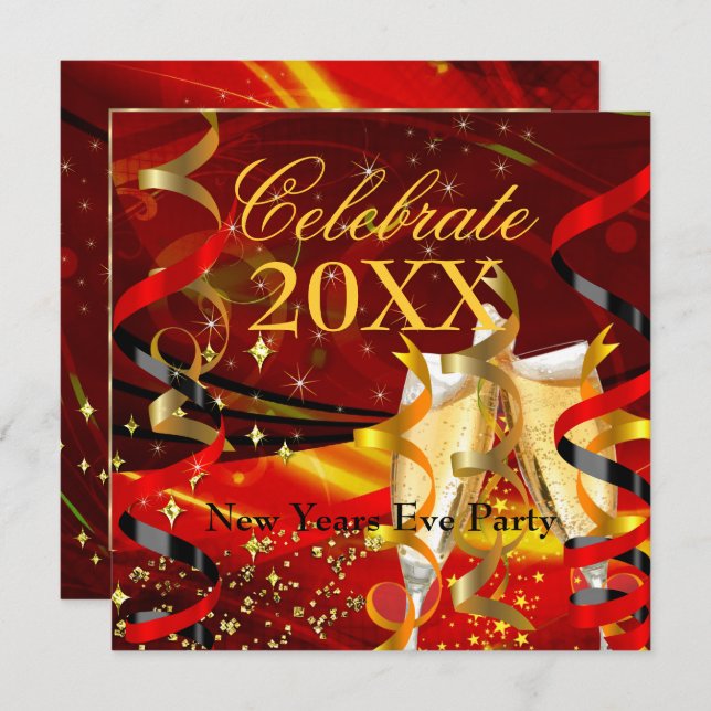New Years Eve Party Celebration Champagne Red Gold Invitation (Front/Back)