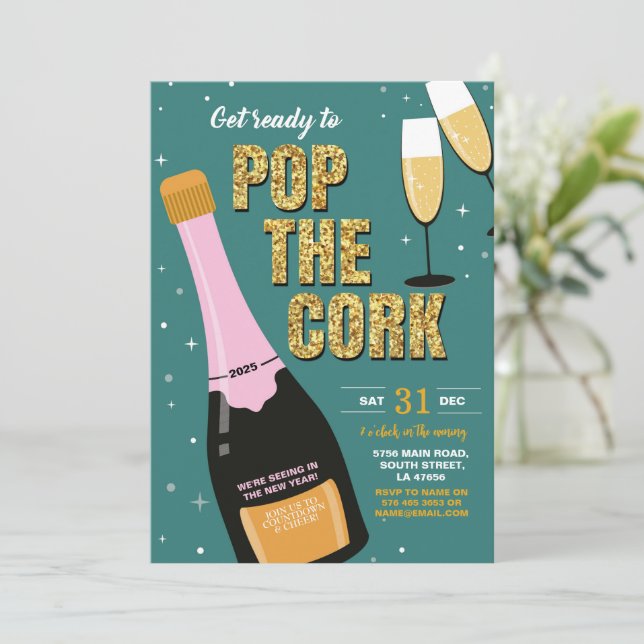 New Year's Eve Party Champagne Bottle Pop Invitation (Standing Front)