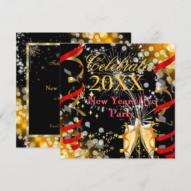 New Years Eve Party Champagne Festive Red Gold Invitation (Front/Back)