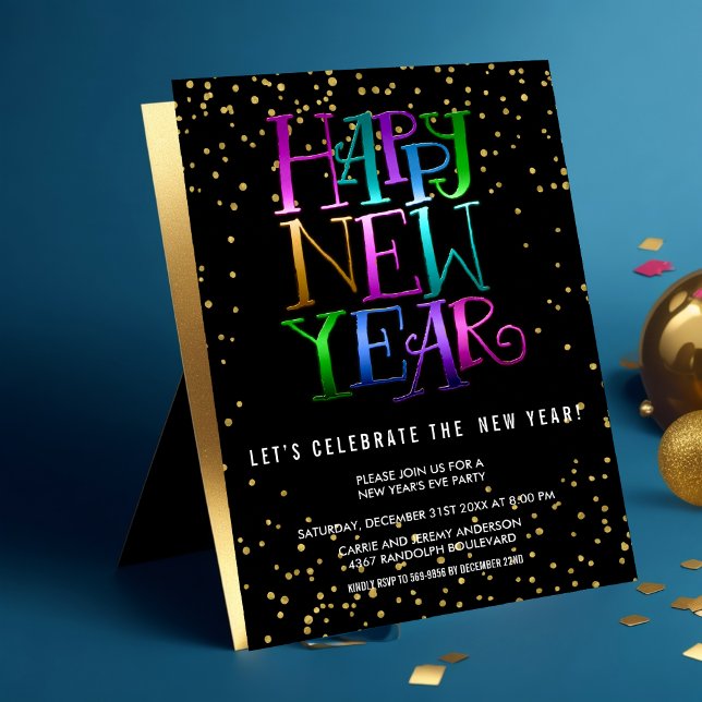 New Year's Eve Party Colourful Gold Confetti Invitation (Creator Uploaded)